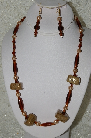 +MBAHB #33-134  "Fancy Square Coffee Beads, Brown Glass & Glass Pearl Necklace & Matching Earring Set"