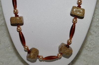 +MBAHB #33-134  "Fancy Square Coffee Beads, Brown Glass & Glass Pearl Necklace & Matching Earring Set"