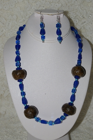 +MBAHB #33-073  "Fancy Hand Made Round Coffee Beads, Frosted Blue Glass Beads & Fancy Square Blue Glass Bead Necklace & Matching Earring Set"