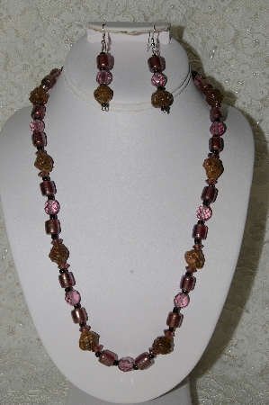 +MBAHB #33-008  "Fancy Hand Made Victorian Rose Petal Beads, Purple Luster Glass Beads & Purple Faceted Crystal Bead Necklace & Matching Earring Set"