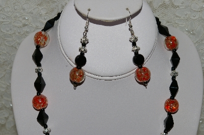 +MBAHB #33-042  "Fancy Orange Seed Bead Cluster Beads, Fancy Black Glass Beads & Fancy Lampworked Orange Glass Bead Necklace & Matching Earring Set"