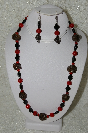 +MBAHB #33-015  "Fancy Hand Made Victorian Rose Petal Beads, Black Glass & Red Jade Bead Necklace & Matching Earring Set"