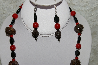 +MBAHB #33-015  "Fancy Hand Made Victorian Rose Petal Beads, Black Glass & Red Jade Bead Necklace & Matching Earring Set"