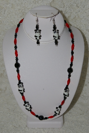+MBAHB #33-067  "Fancy Panda Glass Bead, Red Glass Bead & Black Crystal Bead Necklace & Matching Earring Set"