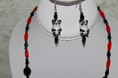 +MBAHB #33-067  "Fancy Panda Glass Bead, Red Glass Bead & Black Crystal Bead Necklace & Matching Earring Set"