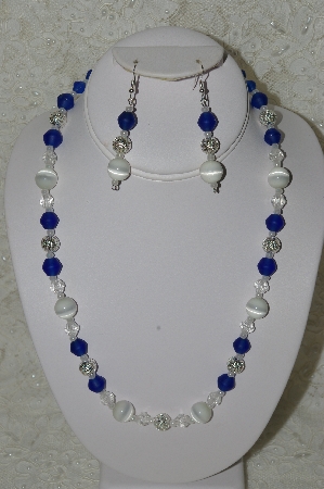 +MBAHB #33-036  "Fancy White Glass Cats Eye, Fancy Faceted Clear Glass, Silver plated Beads & Frosted Blue Glass Bead Necklace & Matching Earring Set"