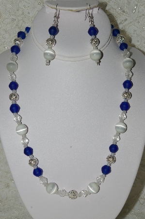 +MBAHB #33-036  "Fancy White Glass Cats Eye, Fancy Faceted Clear Glass, Silver plated Beads & Frosted Blue Glass Bead Necklace & Matching Earring Set"