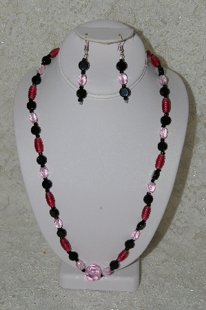 +MBAHB #33-094  "Fancy Cranberry Glass, Black Glass, Pink Crystal Bead Necklace & Matching Earring Set"