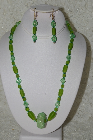 +MBAHB #33-127  "Fancy Hand Made Green Seed Bead Cluster Bead, Frosted Green Glass & Fancy Green Glass Beaded Necklace & Matching Earring Set"