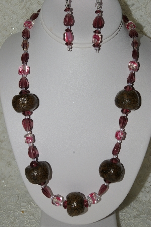 +MBAHB #33-088  "Fancy Hand Made Coffee Beads, Purple Glass & Fancy Pink & Clear Glass Bead Necklace & Matching Earring Set"