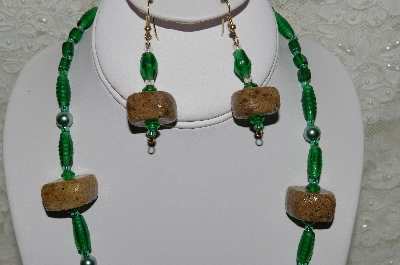 +MBAHB #33-154  "Fancy Hand Made Square Coffee Beads, Green Glass & Green Glass Pearl Necklace & Matching Earring Set"