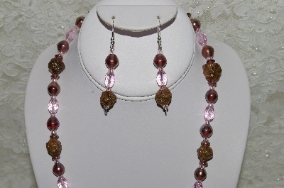 +MBAHB #33-059  "Fancy Hand Made Victorian Rose Petal Beads, Purple Kuster Glass & Pink Crystal Bead Necklace & Matching Earring Set"