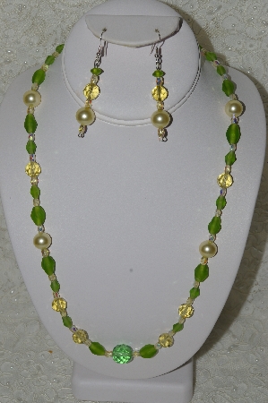 +MBAHB #33-131  "Fancy Pale Yellow Crystal, Frosted Green Glass & Large Yellow Glass Pearl Necklace & Matching Earring Set"