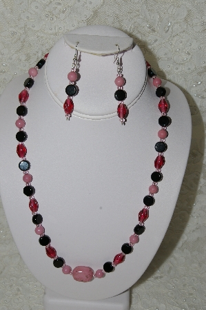 +MBAHB #33-011 "Pink Gemstone, Cranberry Glass & Black Glass Bead Necklace & Matching Earring Set"