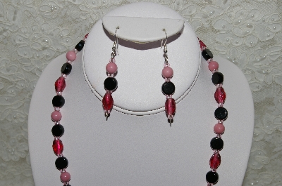 +MBAHB #33-011 "Pink Gemstone, Cranberry Glass & Black Glass Bead Necklace & Matching Earring Set"