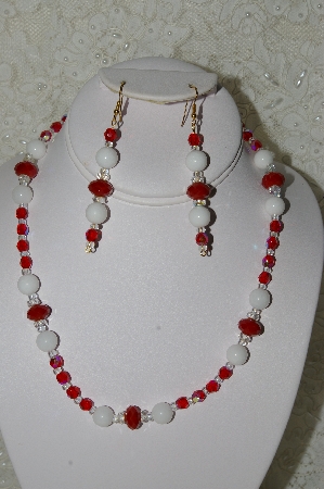 +MBAHB #33-145  "White Jade,DK Red Crystal & AB Red Czech Glass Bead Necklace & Earring Set"