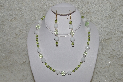 +MBAHB #33-113  "White Jade, Olive Green Czech & Fancy Green & Clear Glass Bead Necklace & Earring Set"