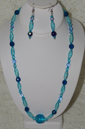 +MBAHB #33-045  "Three Shades Of Blue Glass & Crystal Bead Necklace & Matching Earring Set"