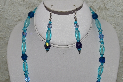 +MBAHB #33-045  "Three Shades Of Blue Glass & Crystal Bead Necklace & Matching Earring Set"