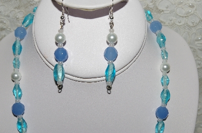 +MBAHB #33-005  "Fancy Blue Glass & White Glass Pearl Necklace & Matching Earring Set
