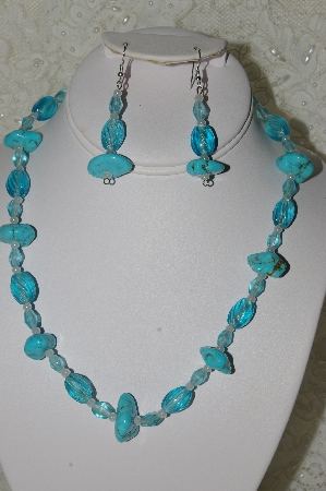 +MBAHB #33-124  "Fancy Blue Turquoise & Aqua Blue Glass Beaded Necklace & Matching Earring Set"
