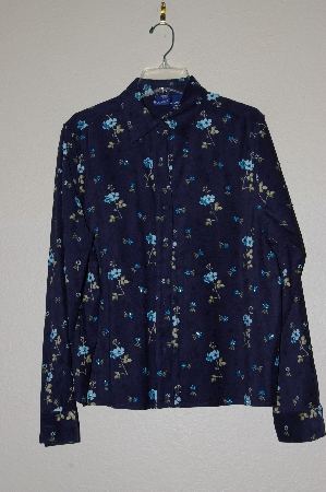 +MBADG #13-034  "Basic Editions Blue Floral Hand Beaded Peach Skin Shirt"