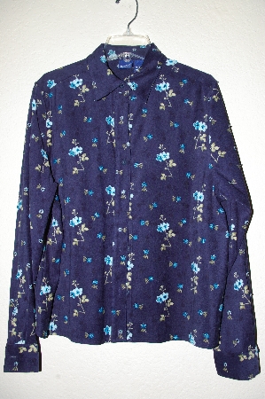 +MBADG #13-034  "Basic Editions Blue Floral Hand Beaded Peach Skin Shirt"