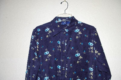 +MBADG #13-034  "Basic Editions Blue Floral Hand Beaded Peach Skin Shirt"