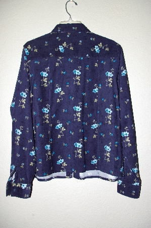 +MBADG #13-034  "Basic Editions Blue Floral Hand Beaded Peach Skin Shirt"