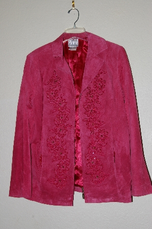 +MBADG #13-067  "Nolan Miller Rasberry Beaded Floral Embroidered Suede Jacket"