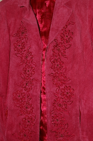 +MBADG #13-067  "Nolan Miller Rasberry Beaded Floral Embroidered Suede Jacket"
