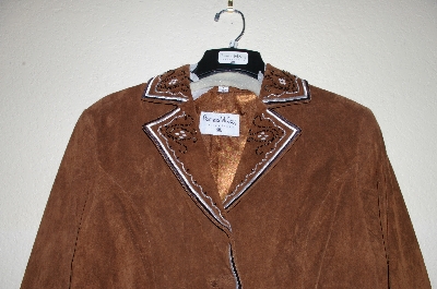 +MBADG #5-013  "Pamela  McCoy Brown Suede, Glass Bead & Embroidery Trim Jacket"