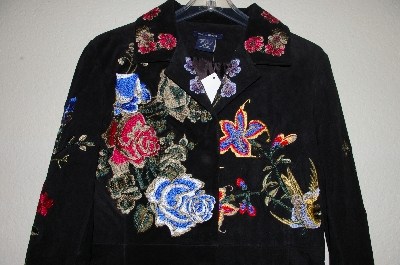+MBADG #5-040  "Boston Proper Black Suede Fancy  Floral Embroidered Long Coat"
