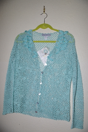 +MBADG #5-325  "Modern Soul Handcrafted Blue Crochet Cardigan With Ribbon Floral Trim"