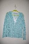 +MBADG #5-325  "Modern Soul Handcrafted Blue Crochet Cardigan With Ribbon Floral Trim"