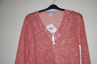 +MBADG #5-246  "Modern Soul Terracotta Handcrafted Crochet Cardigan With Ribbon Floral Trim"