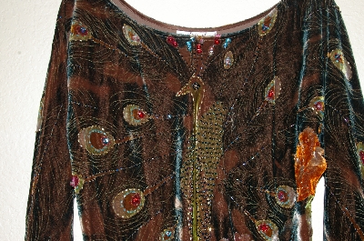 +MBADG #9-063  "Aris.A Fancy Brown Velvet Hand Beaded Peacock Poncho Shawl Top"