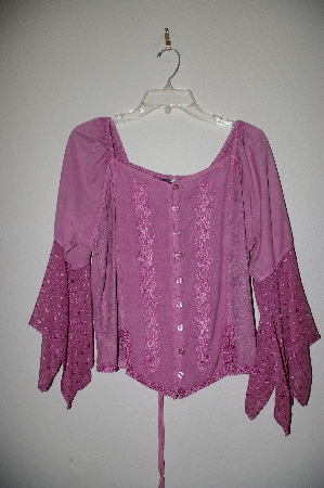 +MBADG #9-279  "L Pogee  Fancy Floral Embroidered Rose Pink Rayon Button Front Top"