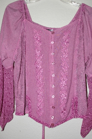 +MBADG #9-279  "L Pogee  Fancy Floral Embroidered Rose Pink Rayon Button Front Top"