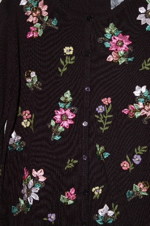 +MBADG #28-435  "Blaine Trump Black Ribbon Floral Button Front Sweater"