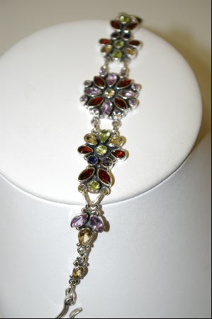 +MBA #7545  Multi Gemstone Floral Sterling Bracelet