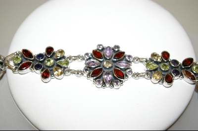 +MBA #7545  Multi Gemstone Floral Sterling Bracelet