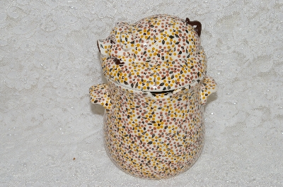 +MBADG #31-593  "1986 Hand Painted Floral Motif Pig Grease Jar With Strainer & Lid"