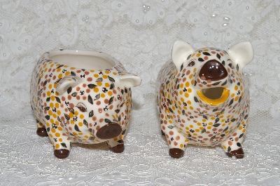 +MBADG #31-073  "1986 Hand Painted Floral Motif Pig Cream & Sugar Set"