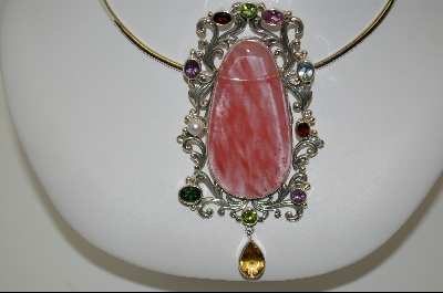 +MBA #7743  Large Cherry Agate & Multi Gem Fancy Sterling Pendant