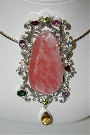 +MBA #7743  Large Cherry Agate & Multi Gem Fancy Sterling Pendant