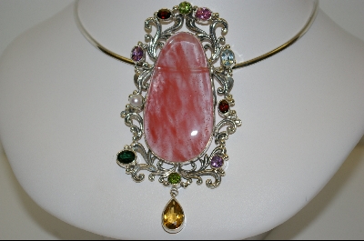 +MBA #7743  Large Cherry Agate & Multi Gem Fancy Sterling Pendant