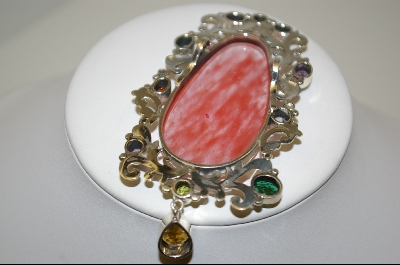 +MBA #7743  Large Cherry Agate & Multi Gem Fancy Sterling Pendant