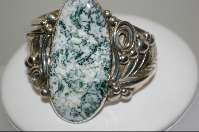 +MBA  #7726  Beautiful Green & White Tree Agate Stone Artist Signed Cuff Bracelet