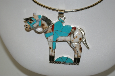 +MBA #7587  Artist Signed  "MN Myra Nastacio" Inlay Blue Turquoise & Multi Gem Sterling Horse Pendant